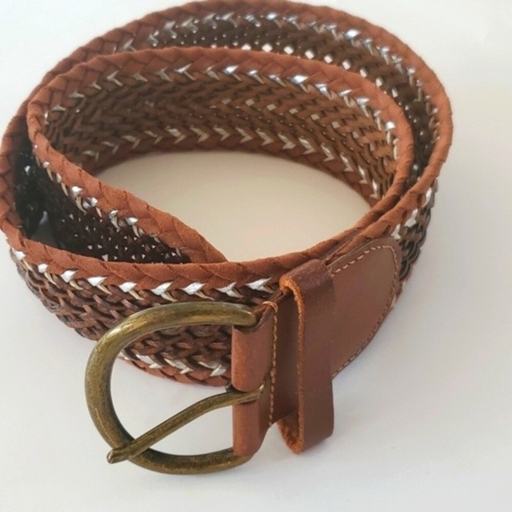 BROWN SILVER WIDE LEATHER BRAIDED WOVEN BELT SIZE MEDIUM BROWN SILVER BRASS